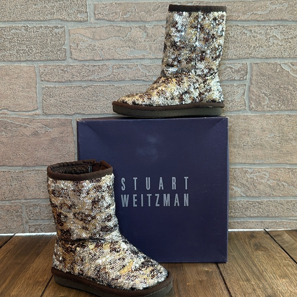 Stuart Weitzman Girls Lil Vera 3 Cheetah Sparkle Sequin Zip Boot / Sz 8 Toddler